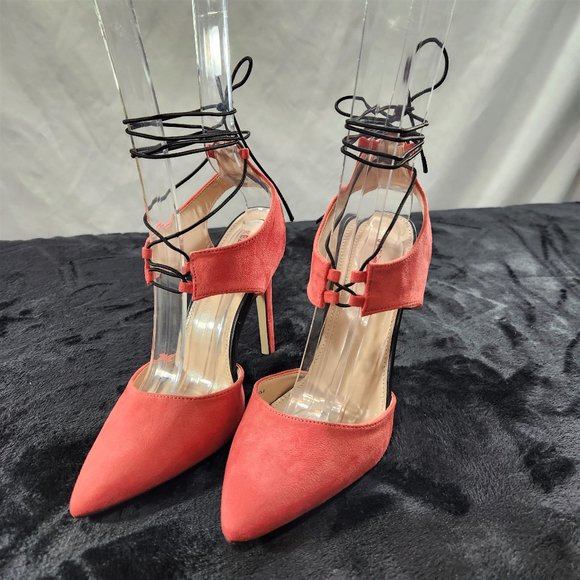 Red Cherry Coral Pink With Black Elastic Wrap Sandals With 4 1/2" Stiletto Heels - Picture 1 of 8